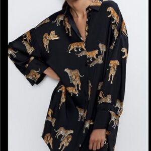 Zara Black Animal Print Button-Up Shirt